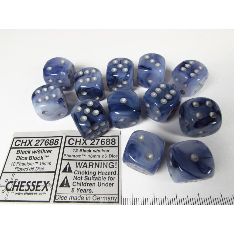 Pack de 12 dés 6 *Phantom* Noir Argenté