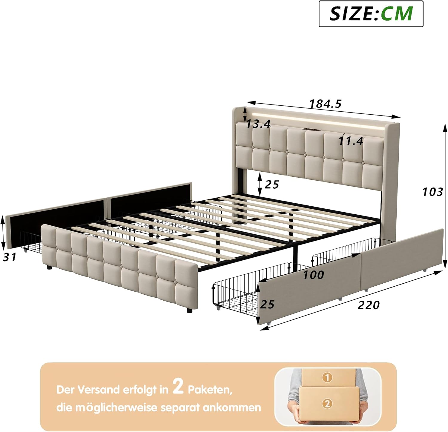 Doppelbett 180x200,Stauraumbett,Betten mit LED-Beleuchtung und 4 Schubladen, Polsterbett mit Stauraum, Jugendbett mit Aufladen USB Ladefunktion Kopfteil,Lattenrost aus Holz (Beige)