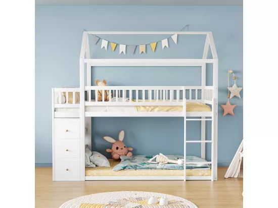 Lit enfant superposé 90 * 200 cm, avec casiers et étagères, lit bas avec échelle, blanc