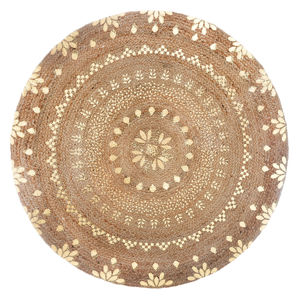 Tapis rond jute motifs mandala dorés D 115cm