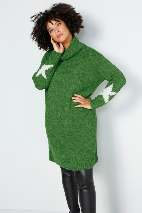 Long-Pullover, Bouclé-Strick, Sterne, Rollkragen, Langarm