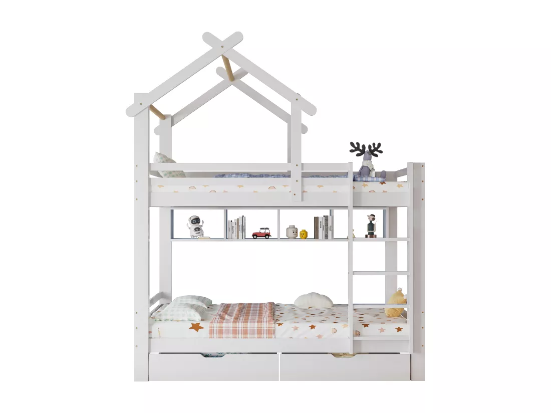 Lit superposé cabane 90x200cm en pin massif avec tiroirs et étagères + sommiers à lattes - Blanc