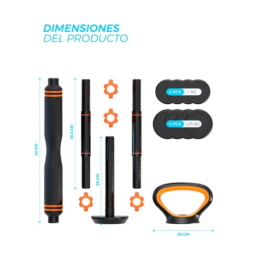 Kit Xiaomi de 10kg com halteres, barra e kettlebell