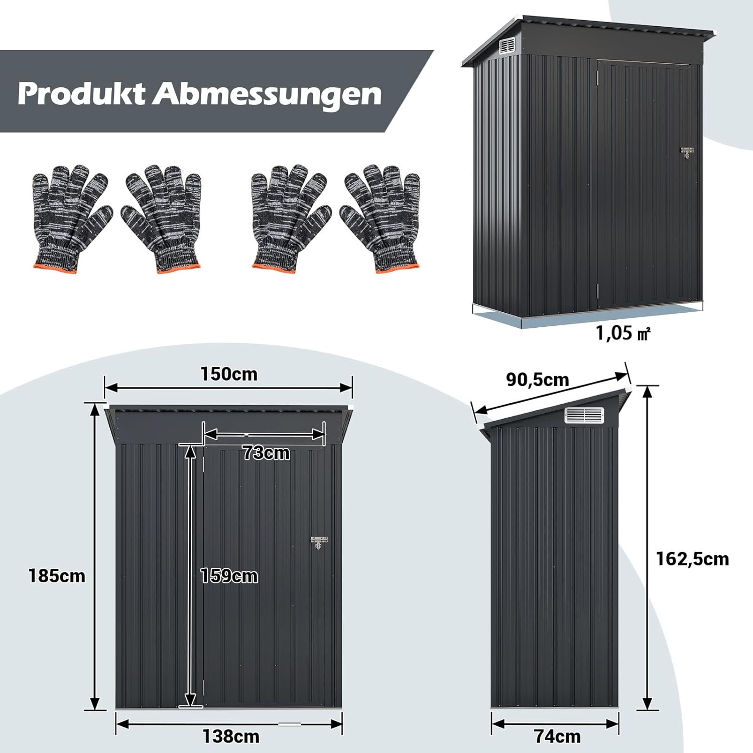 COSTWAY Gartenhaus Metall, 150 x 90,5 x 185 cm | 1,5 m³, Gerätehaus mit Pultdach & Tür, Geräteschuppen abschließbar, Gartenhütte Gartenschuppen, Garten Schuppen Outdoor (Dunkelgrau)
