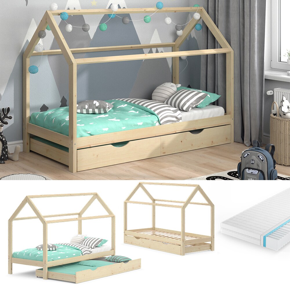 VitaliSpa Kinderbett Hausbett Gästebett Wiki Natur 90x200cm Schublade Matratze