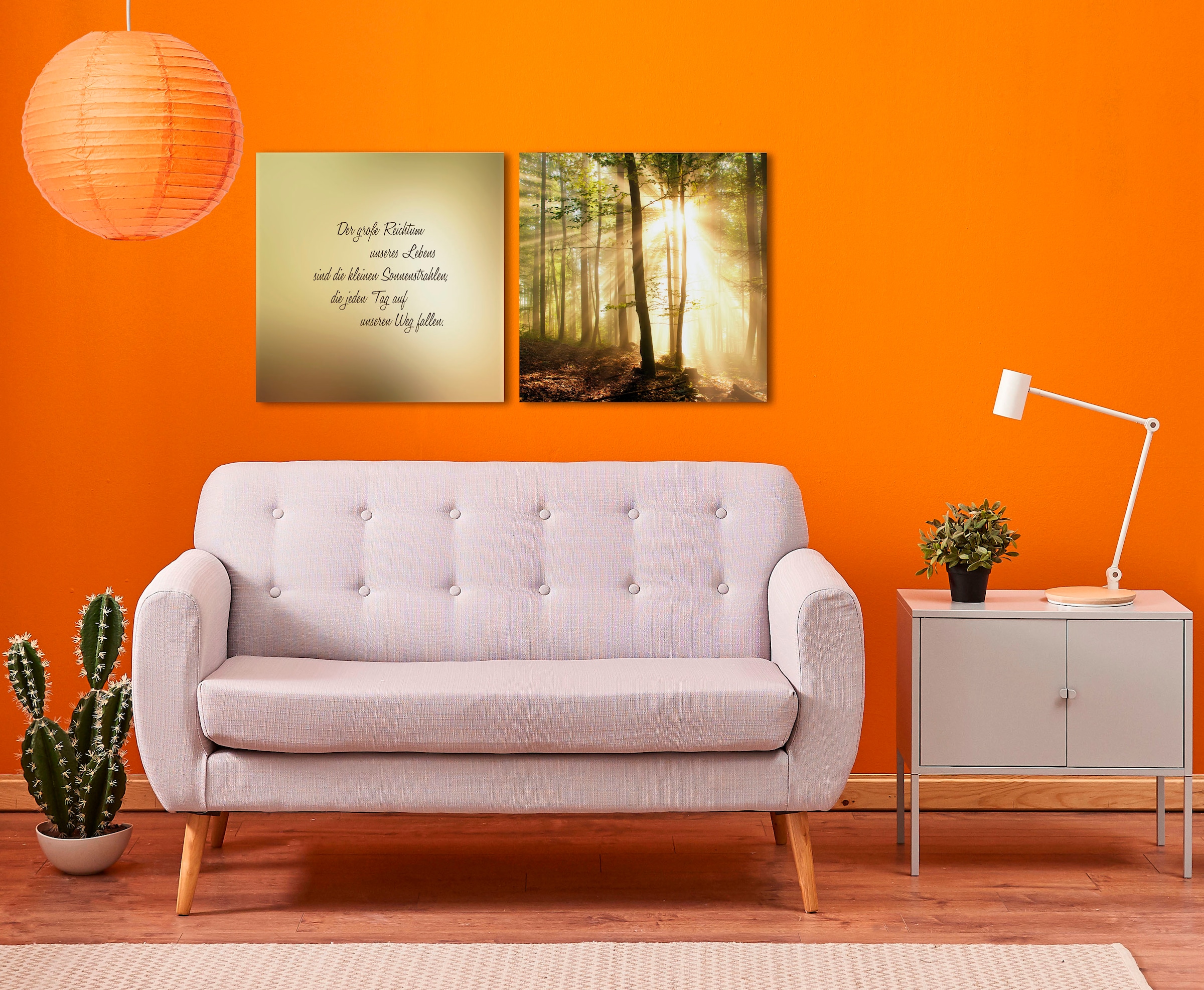 queence Leinwandbild »Sonnenstrahlen« Himmel | Kunst | Modern | Schriftzug | Schriftzüge | Sonnenaufgang | Spa | Spa Bilder | Sprüche | Sprüche & Texte | Wald | Waldbilder Set,  Premium-Leinwandstoff, Handarbeit aus Deutschland, Spruch, 2er Set