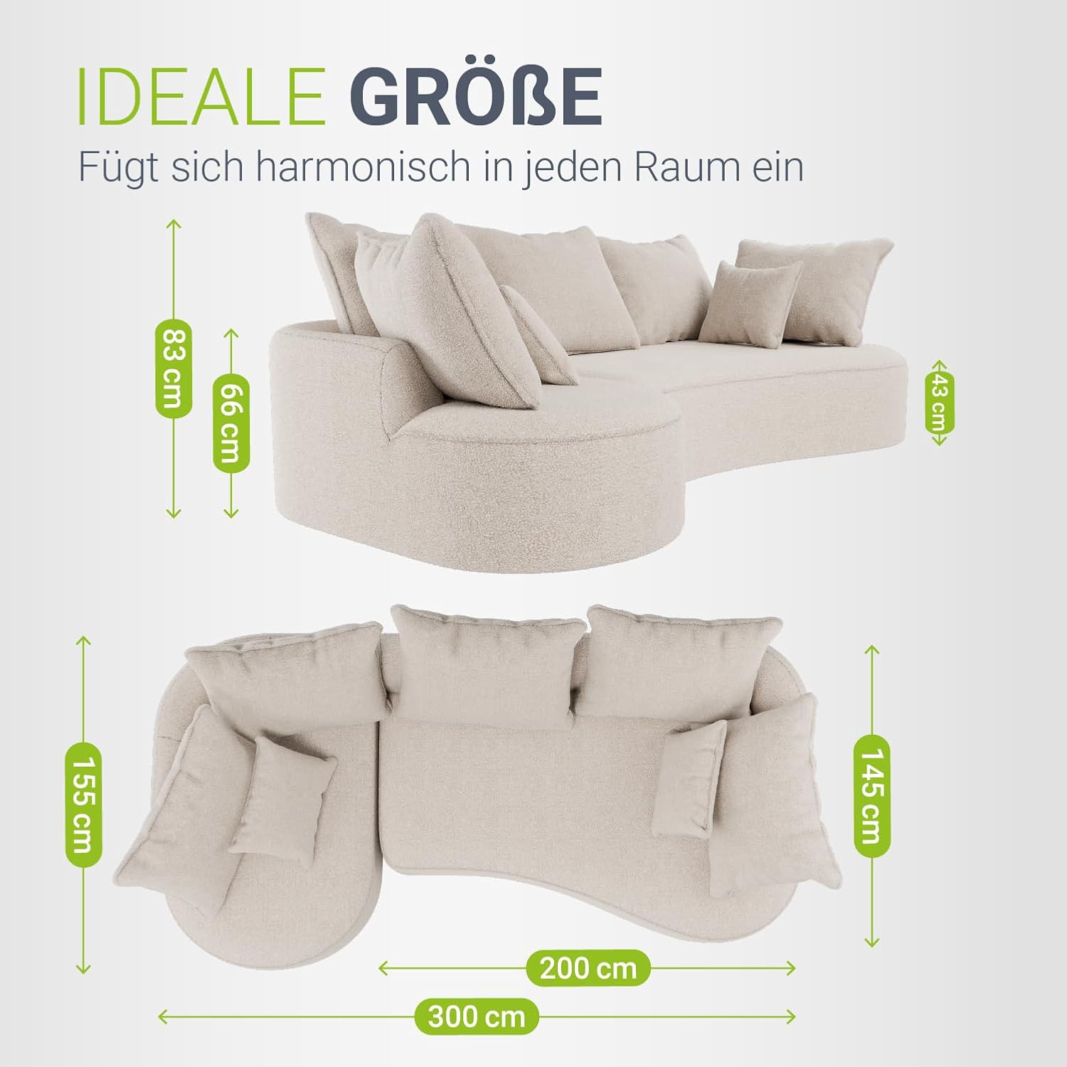 Juskys Sofa Tirano - Bouclé Creme, Ecksofa mit L-Form, mit Rücken- & Dekokissen, 4-Sitzer Eckcouch, Schaumstoff - Ottomane Links