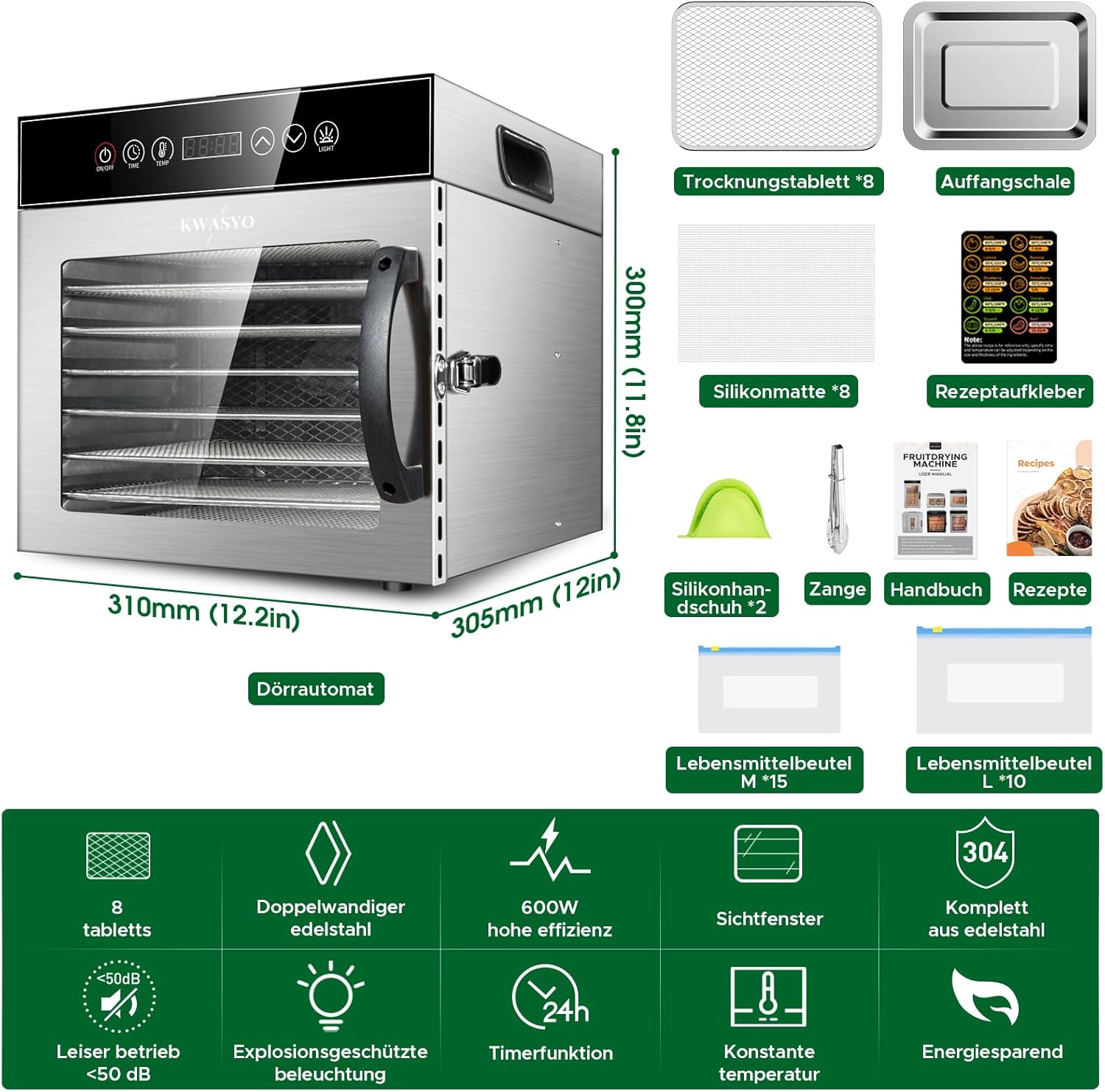 Kwasyo Dörrautomat Edelstahl 600W mit 8 Etagen, Profi Dörrgerät & Dörrautomaten Lebensmitteltrockner, Digitaler Timer, Temperaturregelung, Überhitzungsschutz, Rezeptbuch inklusive