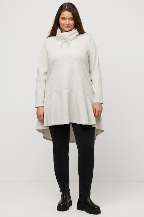 Longsweater, Fischgrat, Volantsaum, Stehkragen, Langarm