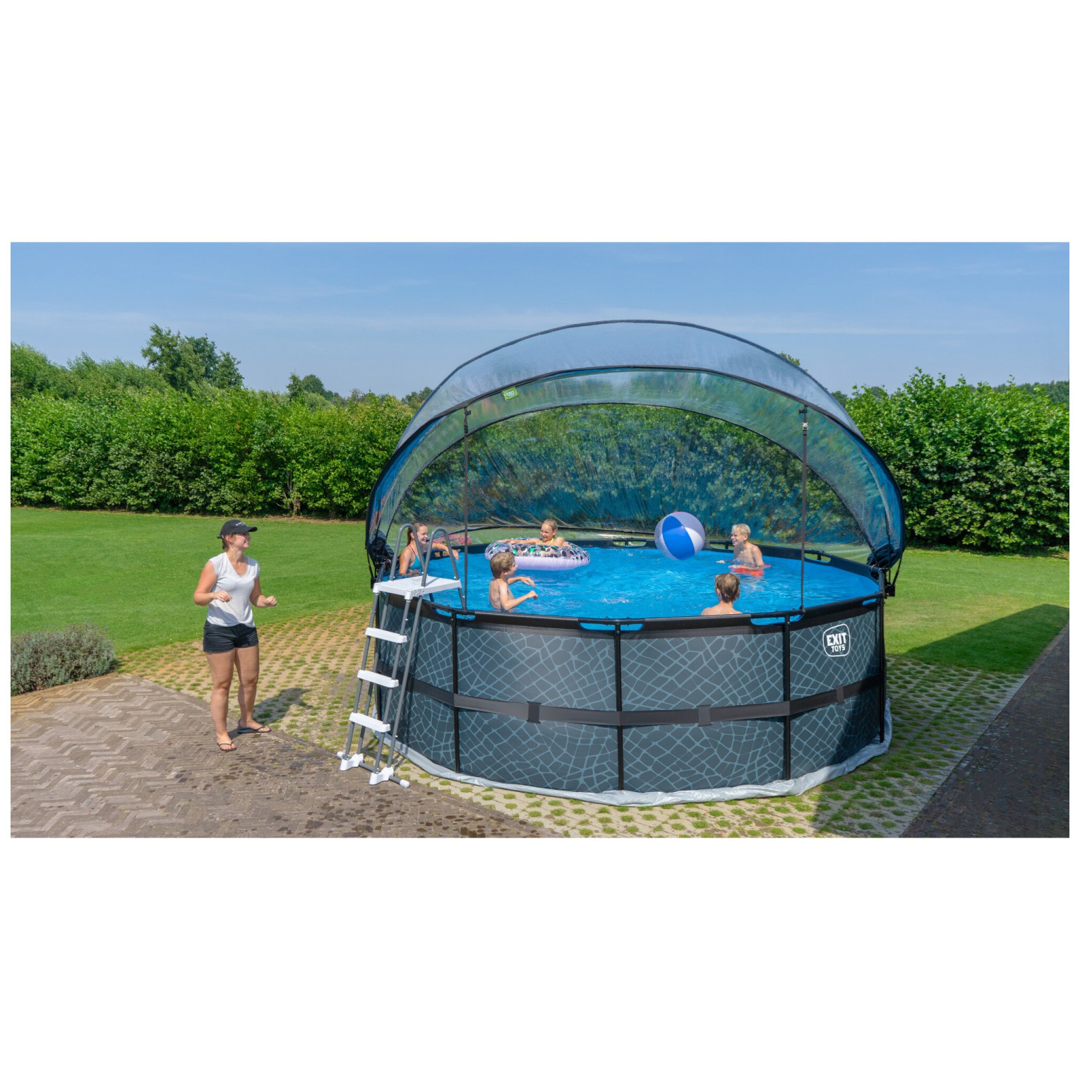 EXIT Stone zwembad ø450x122cm met zandfilterpomp en overkap