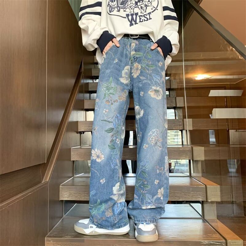 Notica - High Rise Floral Print Washed Wide Leg Jeans