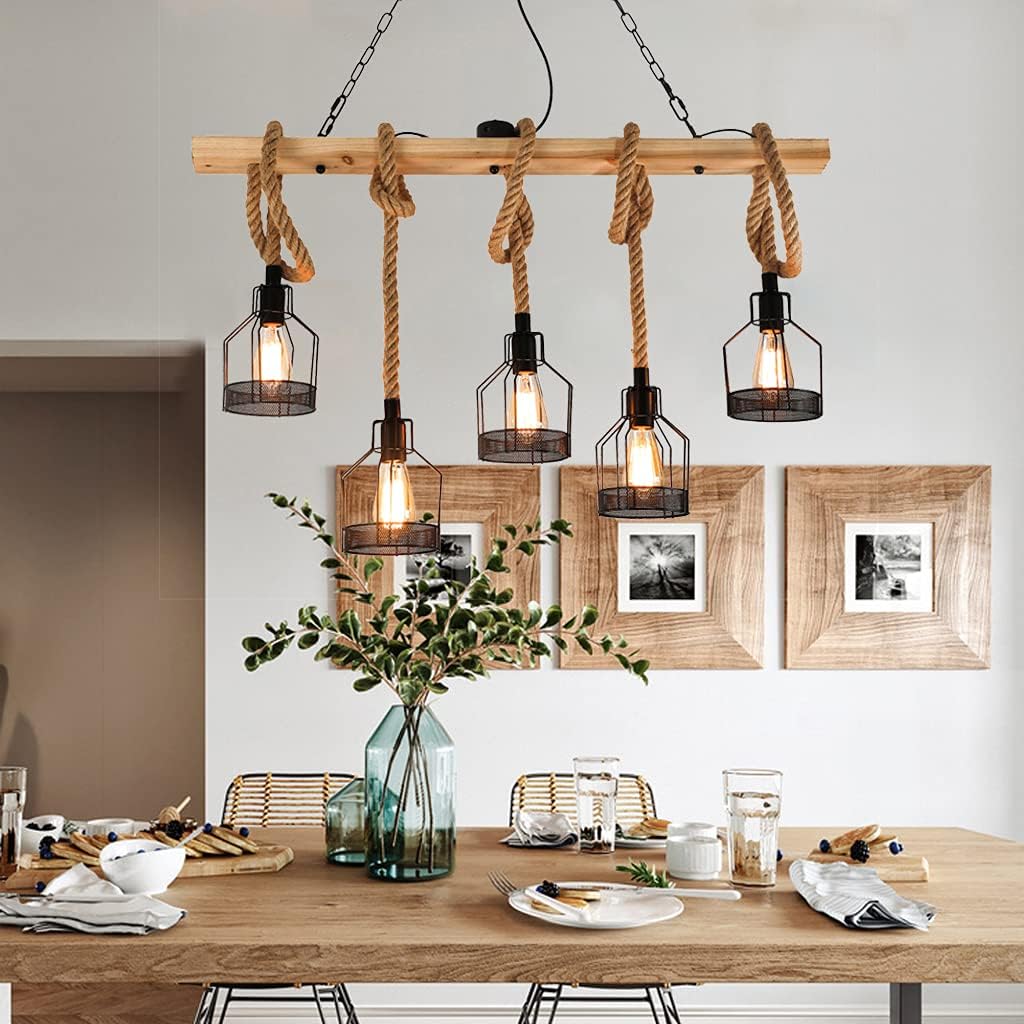 Vintage Pendelleuchte Esstischlampe Holz Kronleuchter Höhenverstellbar Hängelampe Hanfseil DIY Verstellbare Hängeleuchte Industrial Retro Eisen Pendelampe Wohnzimmer Küche Bar Deckenleuchte E27*5 (A)