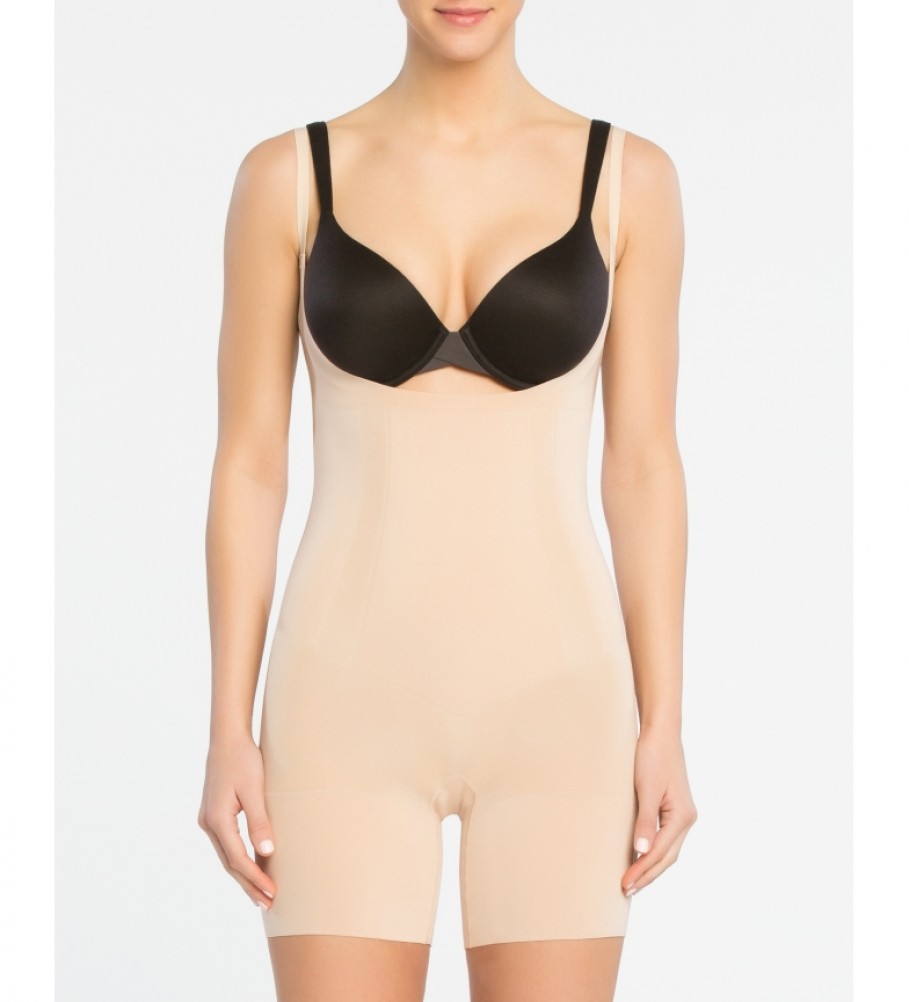 Cinta modeladora feminina SPANX com recorte abaixo do busto e pernas curtas. Modelo 10130R Nude Suave