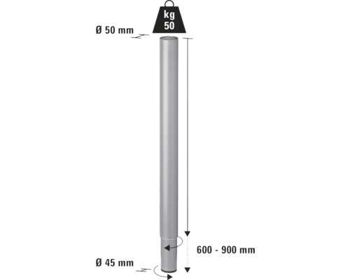 Tarrox verstelbare tafelpoot 60-90 cm Ø50 mm, zilver