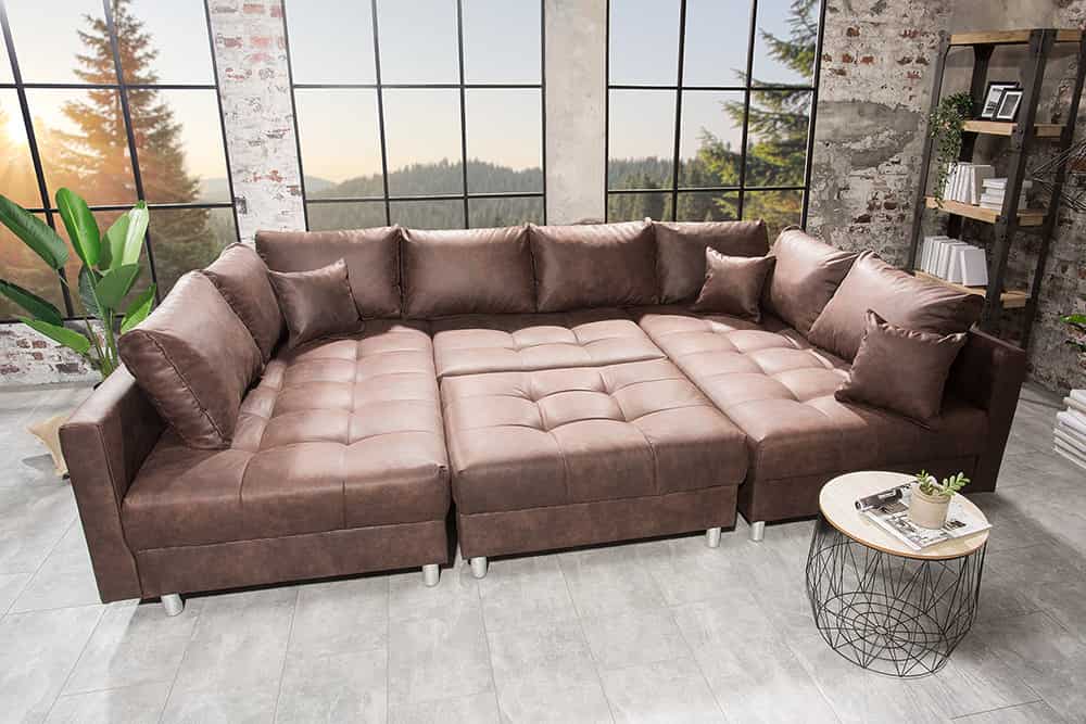 Moderne XXL Wohnlandschaft KENT 305cm antik braun Federkern Bigsofa inkl. Hocker