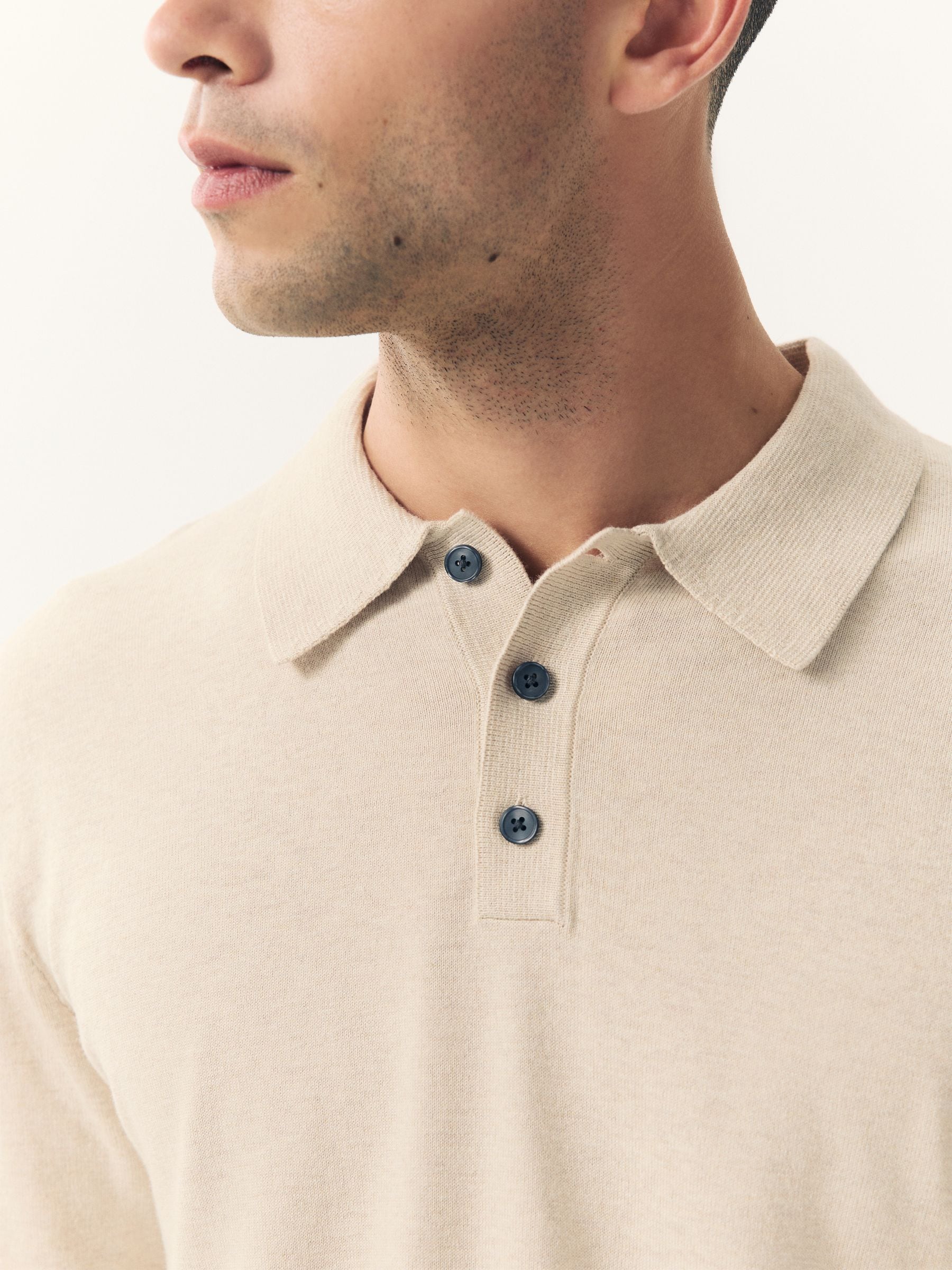 Gemêleerd naturel - Normale Pasvorm - Katoenrijk gebreid poloshirt met lange mouwen
