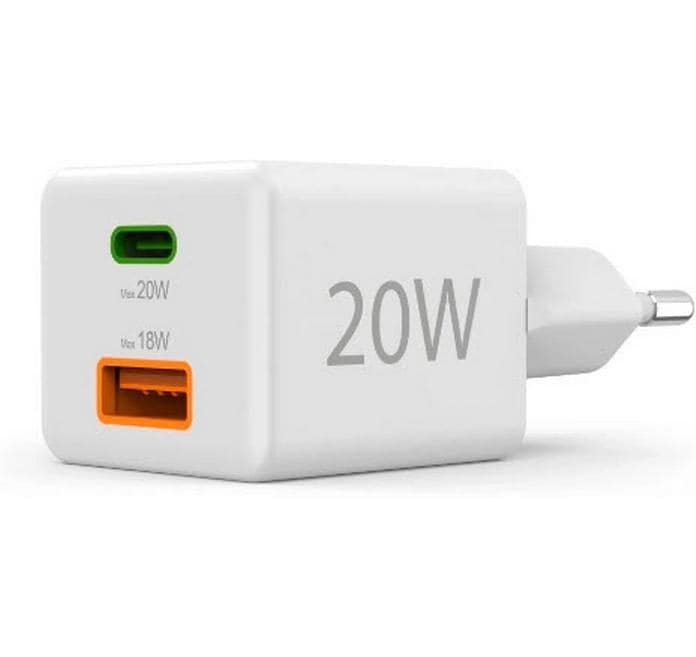 USB-Wandladegerät Gan charger USB-A USB-C 20 W WeissSchnellladegerät mit 1x USB-C und 1x USB-A