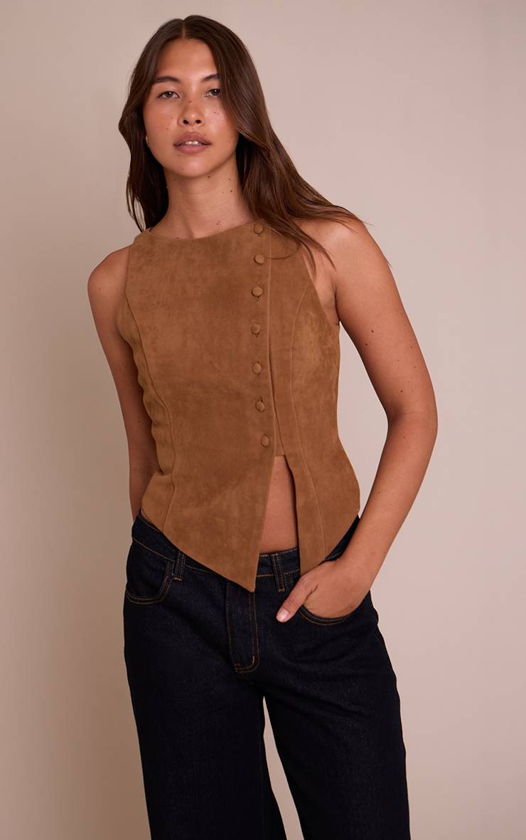 Marron Gilet Asymétrique En Synthétique Avec Détail De Boutons
