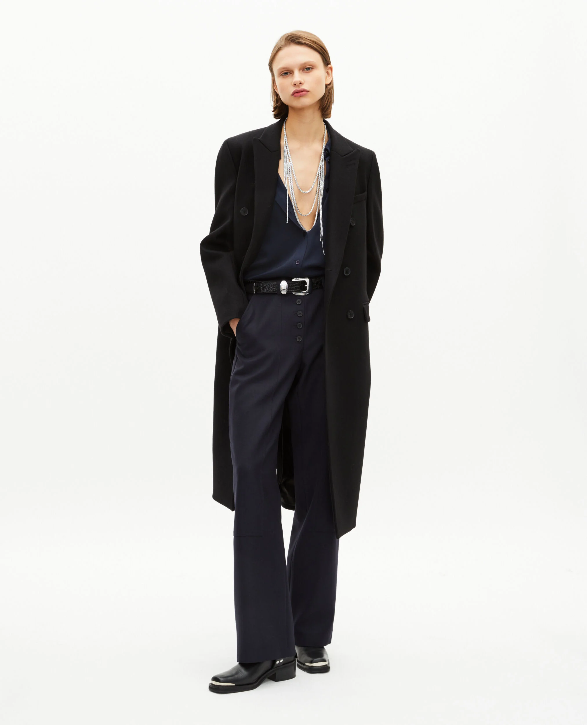 Manteau long croisé en laine noir