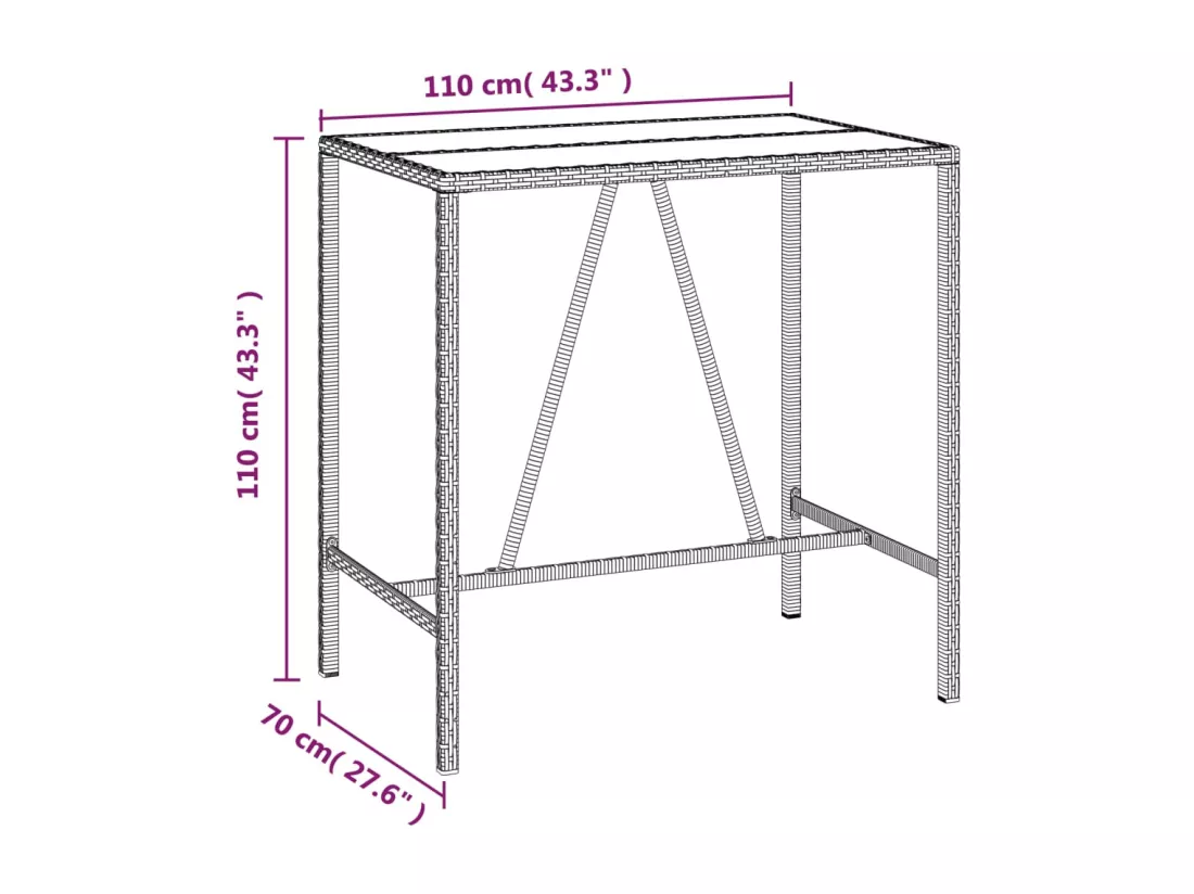 Prolenta Premium - Table de bar et dessus en verre gris 110x70x110 cm poly rotin