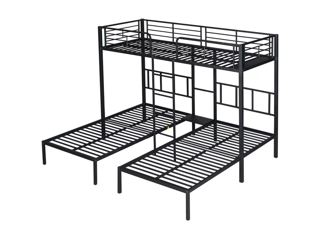 Lits superposés triple 3 x 90 x 200 cm avec échelle et table chevet pour enfant - métal - noir (sans matelas)