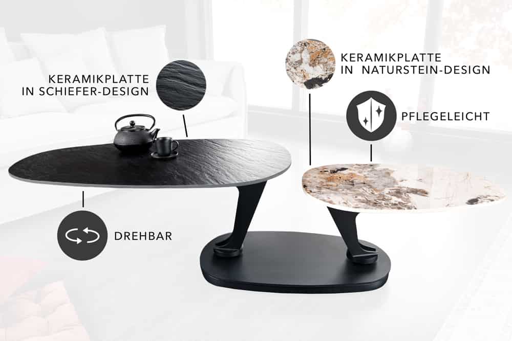 Design Couchtisch MOVEMENT schwarz rund drehbar Pandora Keramik Metallgestell