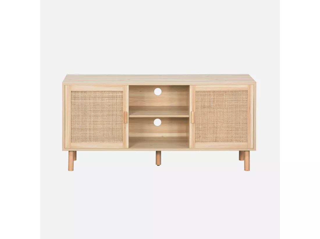 Meuble TV cannage et effet bois. 2 portes et 1 étagère. 120cm