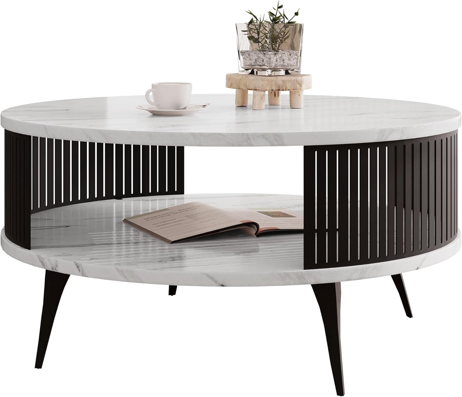 Mirjan24 Couchtisch mit Ablage Rajkon, Runde Form, Metallbeine, Kaffeetisch, Wohnzimmertische, Beistelltisch, Sofatisch, Teetisch (Bianco Marmor, Schwarz)