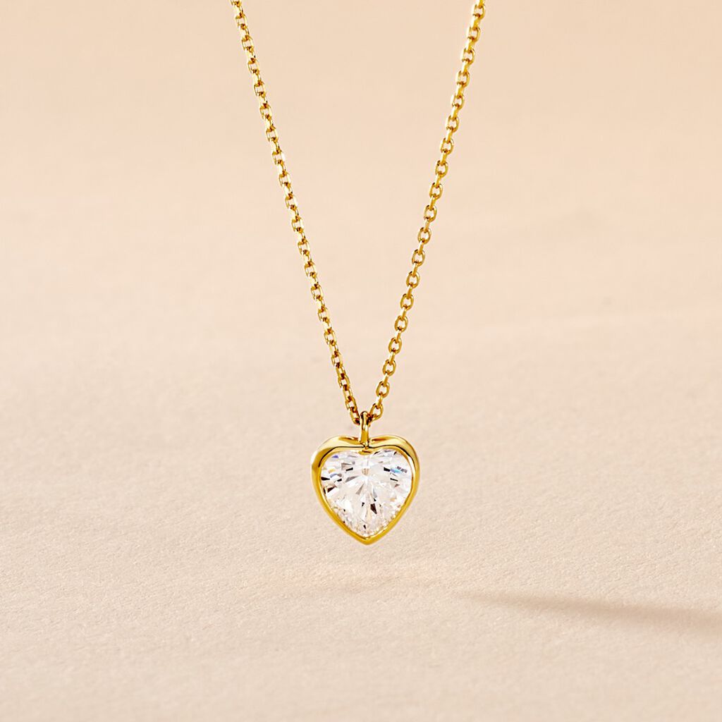 Collier Coeur Serti Clos Or Jaune Oxyde De Zirconium