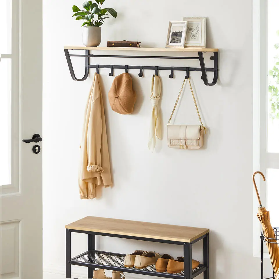 Hangende Kapstok voor Muur of Wand - 8 Haken en 1 Bar - 90 cm Lang - Lichte Eik