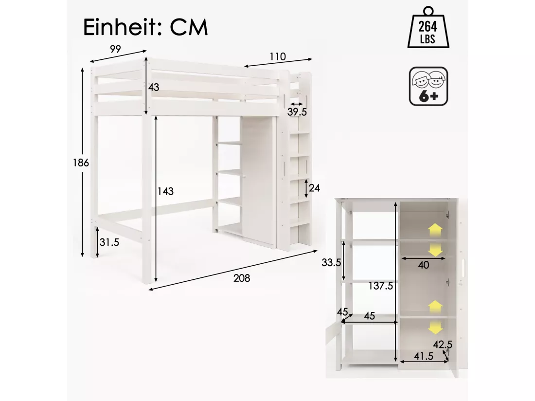 Lit mezzanine 90 x 200 cm avec armoire et 6 étagères - Panneaux de particules + MDF - Blanc (sans matelas)