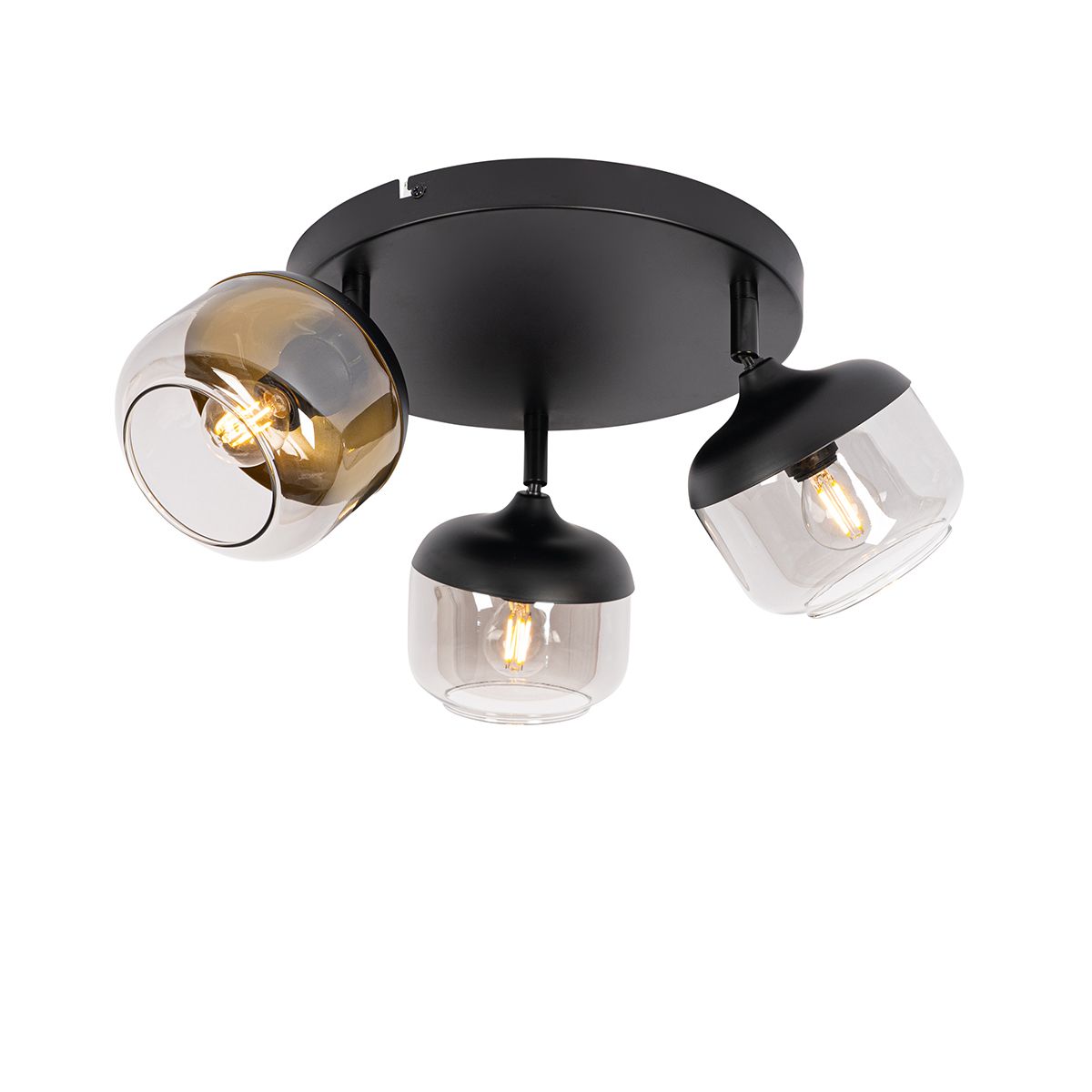 Design spot zwart met goud en smoke glas 3-lichts rond - Kyan