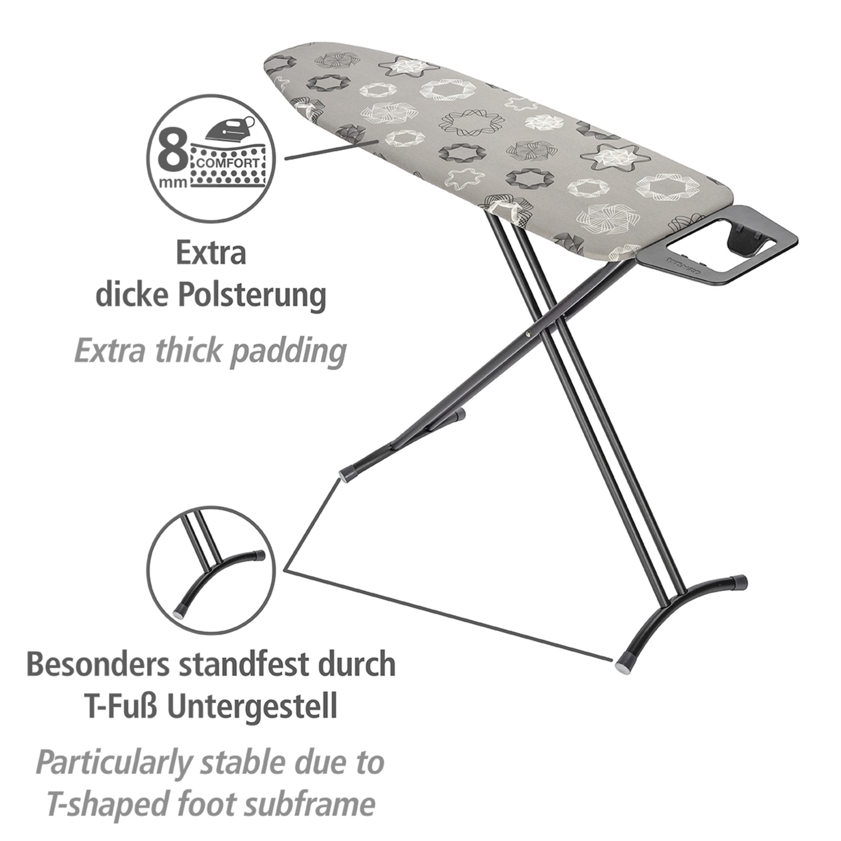 WENKO Bügelbrett »Modell Classic Black« Bügelfläche 120 cmx38 cm höhenverstellbarer Bügeltisch, platzsparend klappbar