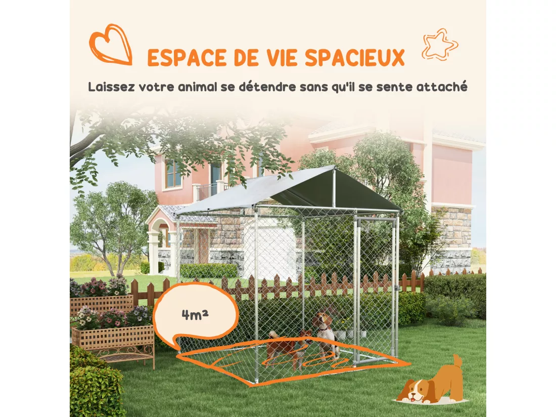 Enclos poulailler chenil 4 m² - parc grillagé dim. 2L x 2l x 2,37H m - poulailler chenil entièrement couvert - acier galvanisé