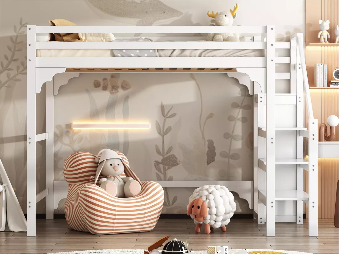 Lit mezzanine 140 x 200 cm avec escalier et penderie, bois pin et MDF, sommier à lattes inclus, blanc
