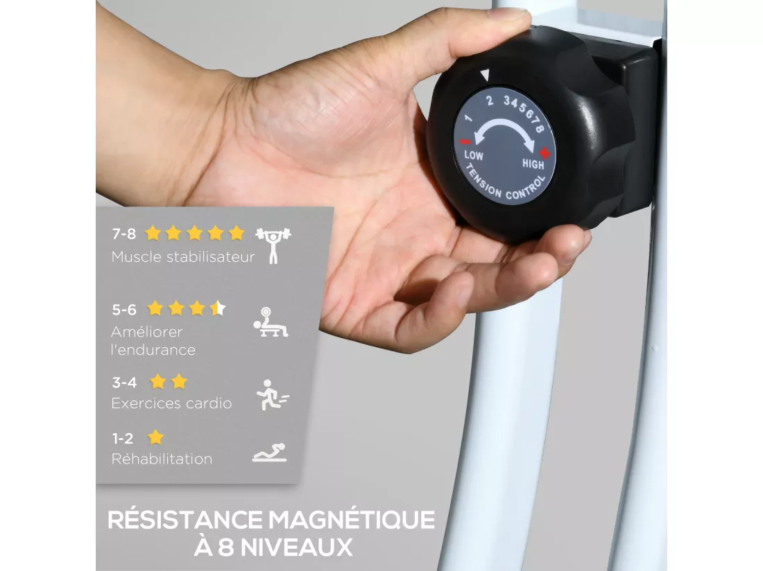 Vélo d'appartement pliant, vélo de fitness, vélo d'intérieur 8 niveaux de résistance magnétique, selle réglable, poignées, écran LCD multifonction, support tablette, acier blanc