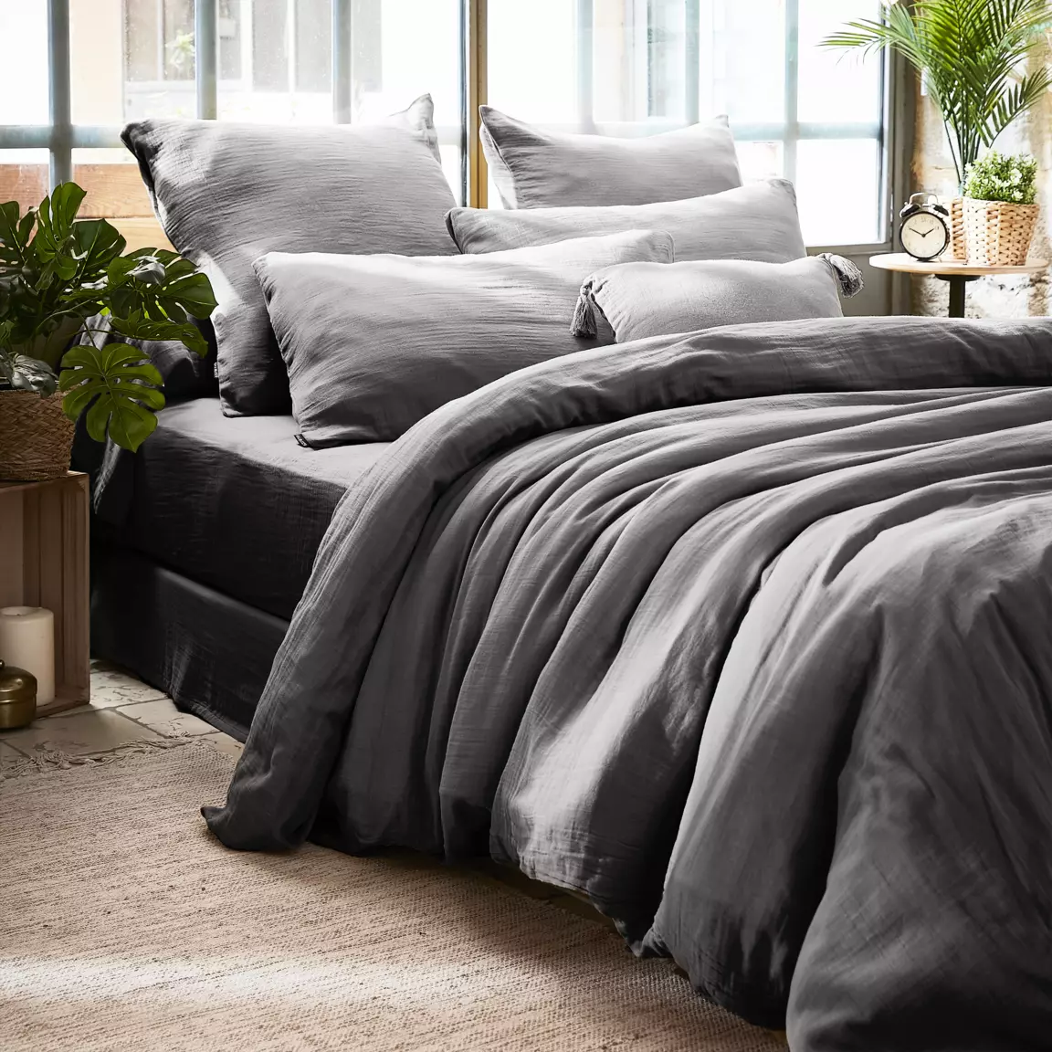 Drap housse gaze de coton (200 x 200 cm) Gaïa Gris granit