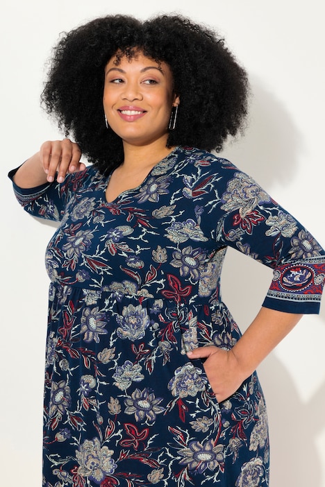 Jerseykleid, Blüten, A-Linie, V-Ausschnitt, 3/4-Arm