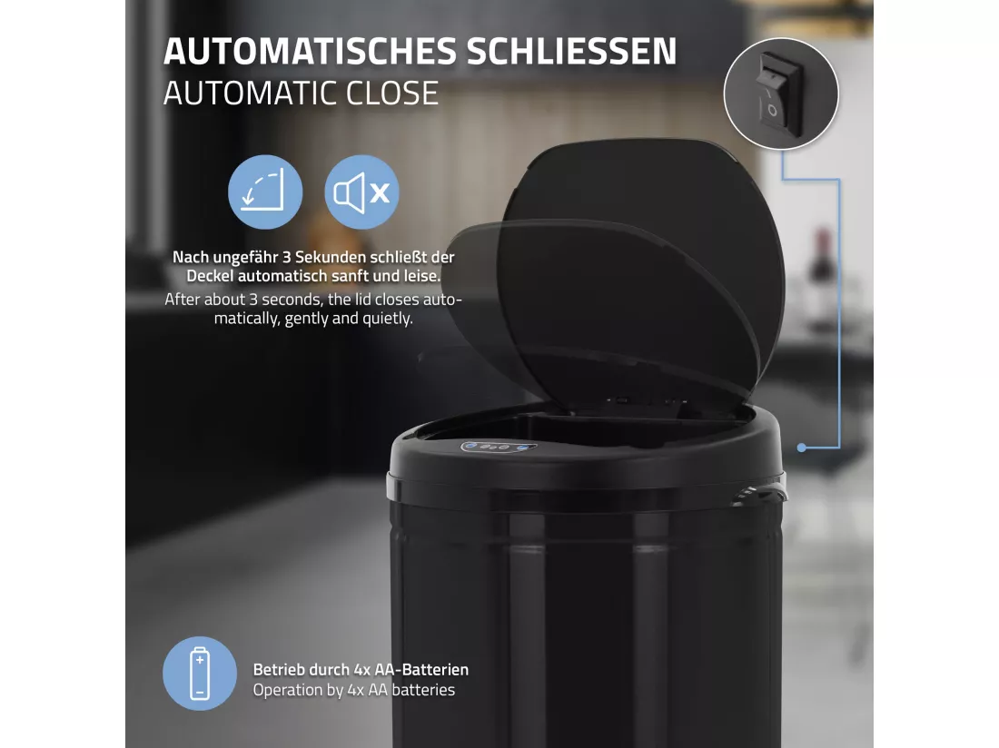 Poubelle 30L avec détecteur de mouvement en acier inoxydable ronde noir brillant