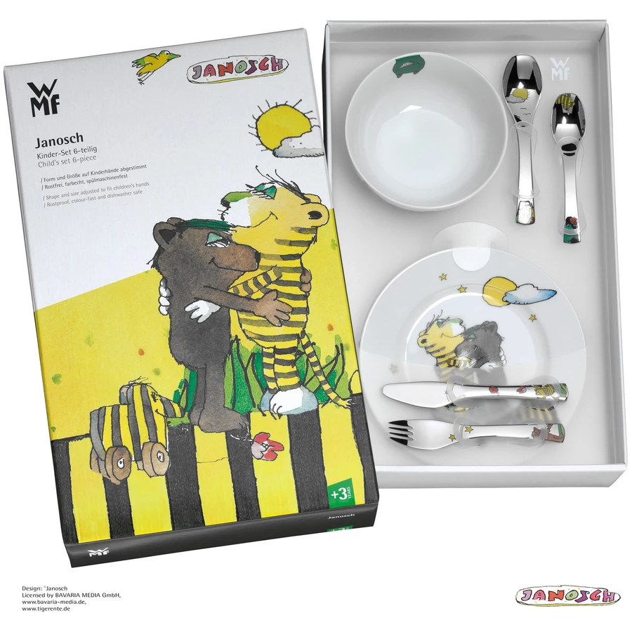 Schnullireich Geschenkset mit Namen Janosch: WMF Kinderbesteck + TellerSchale+ Lätzchen Silber