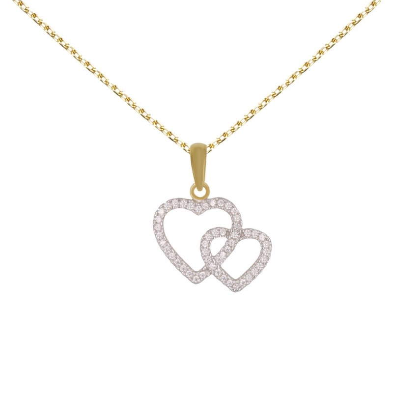 Collier - Pendentif Or Jaune Coeurs Enlacés Sertis de Zirconiums - Chaine Dorée Offerte