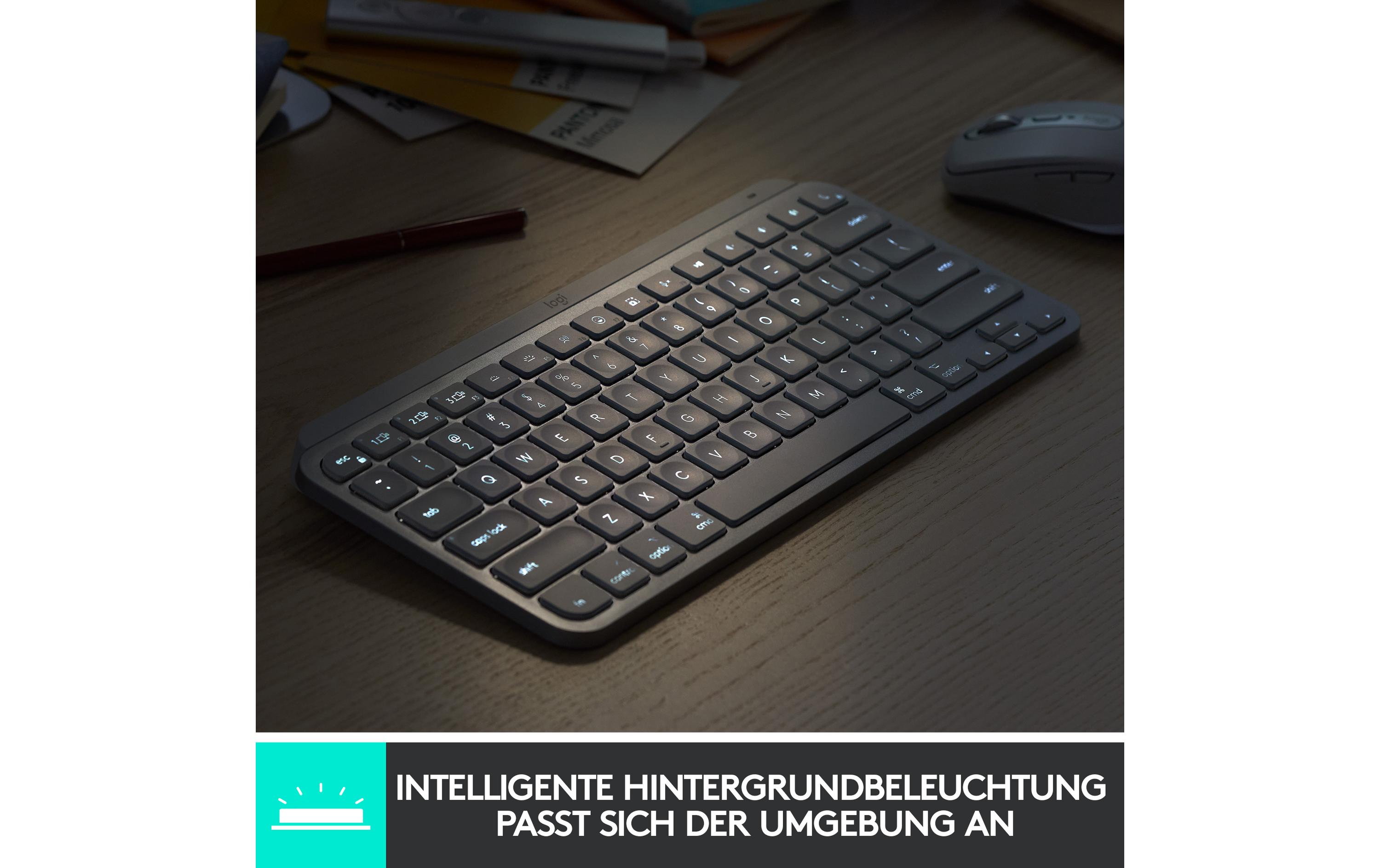 Tastatur MX Keys Mini Graphite CH-Layout<br>Minimalistische kabellose Tastatur mit Tastenbeleuchtung
