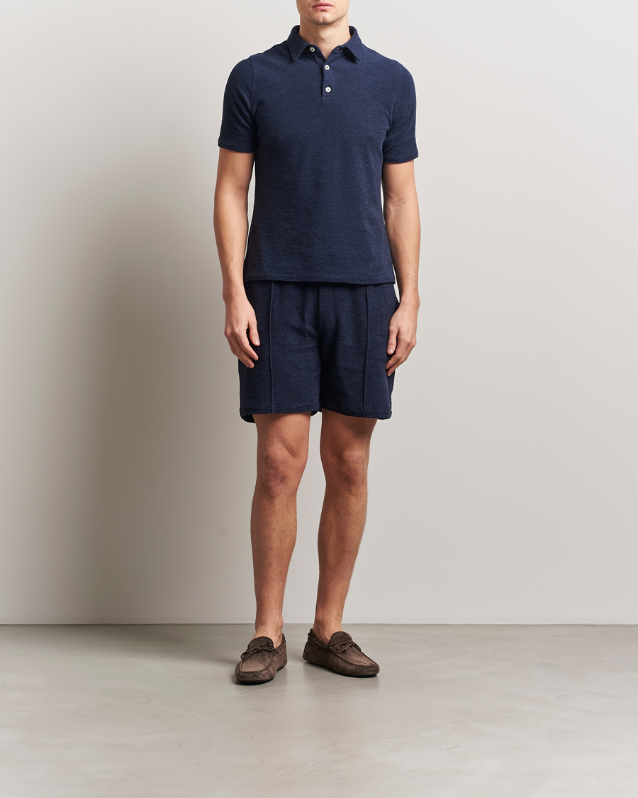 Stenströms Terry Slub Cotton Polo Navy