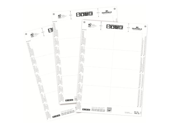 DURABLE - Hvit - 60 x 90 mm - 150 g/m² - 160 kort (20 ark x 8) navneskiltkort - for P/N: 8003-19, 8106-03, 8106-06, 8106-19, 8603-19, 8612-19
