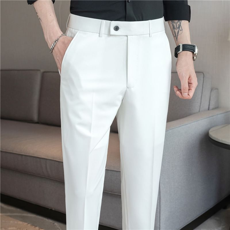 Lefitt - Mid Rise Plain Cropped Straight Leg Dress Pants
