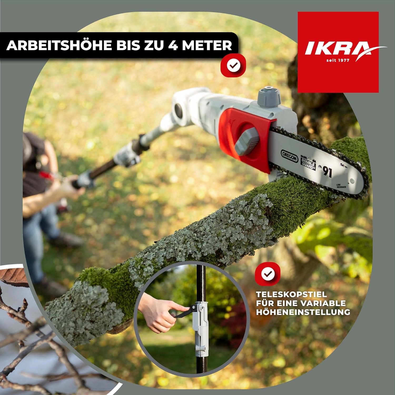 IKRA Akku Teleskop Entaster ICPS 2020, Schwertlänge 20cm, Arbeitshöhe 4m, inkl. 2. Kette & Schultergurt