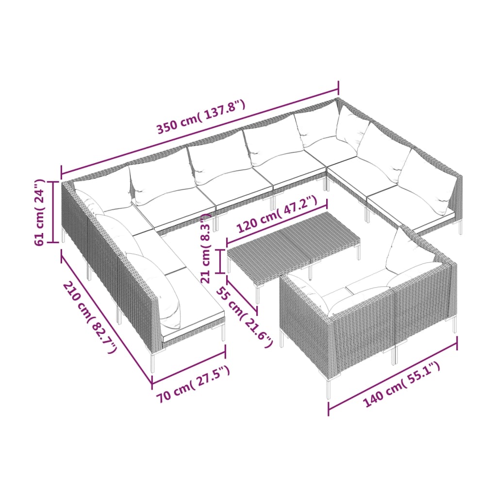 Salon de jardin meuble d'extérieur ensemble de mobilier 12 pièces avec coussins résine tressée gris foncé