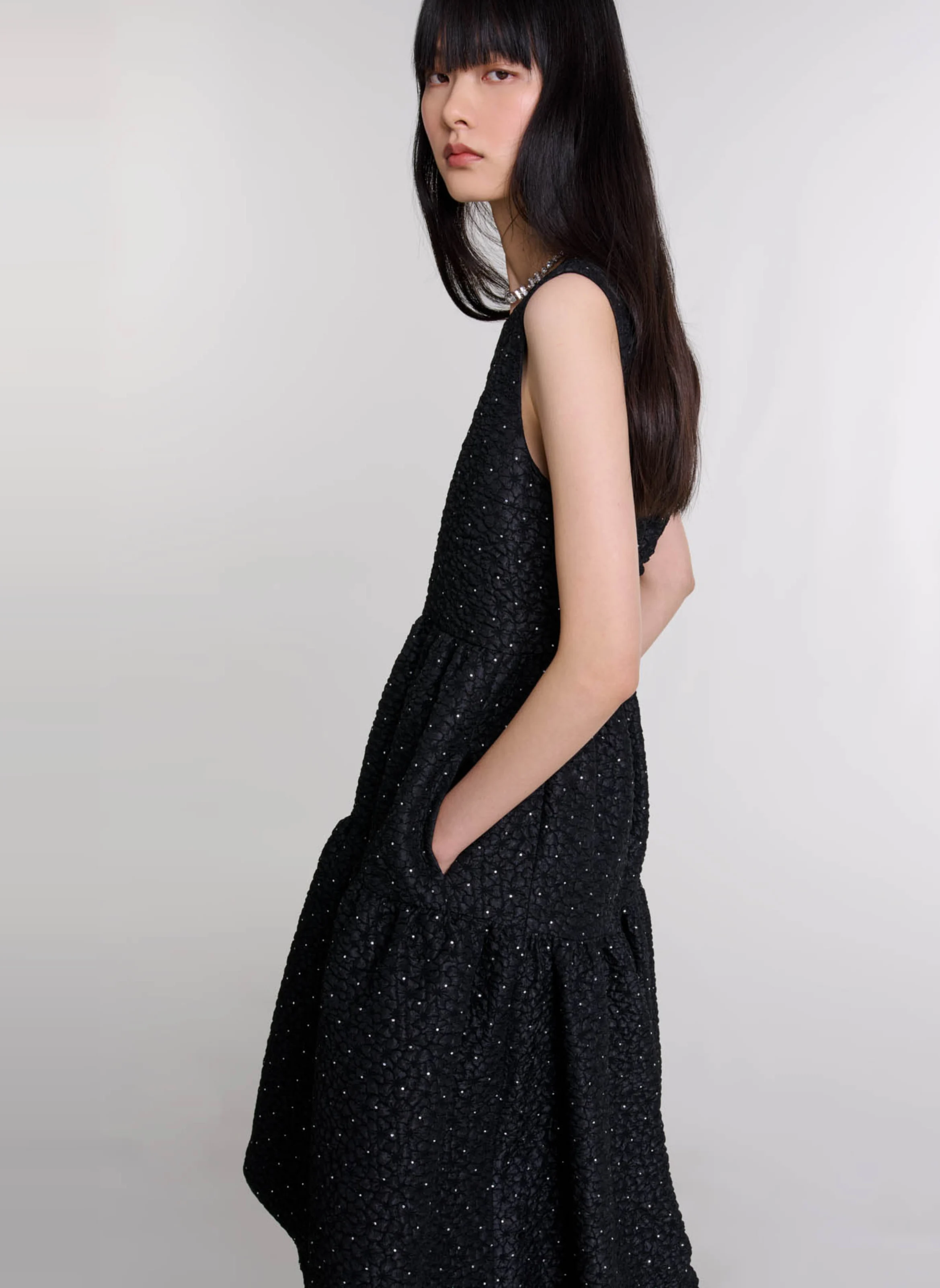 Robe longue col rond à strass | Noir