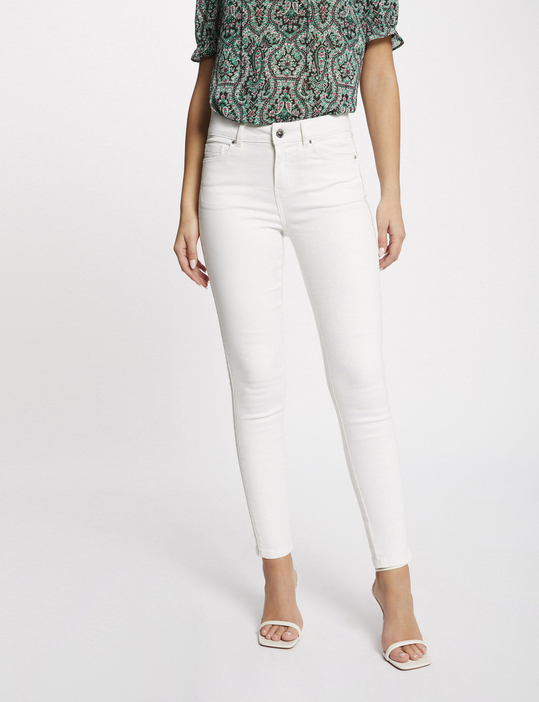Jeans slim bandes bijoux ecru femme - ecru