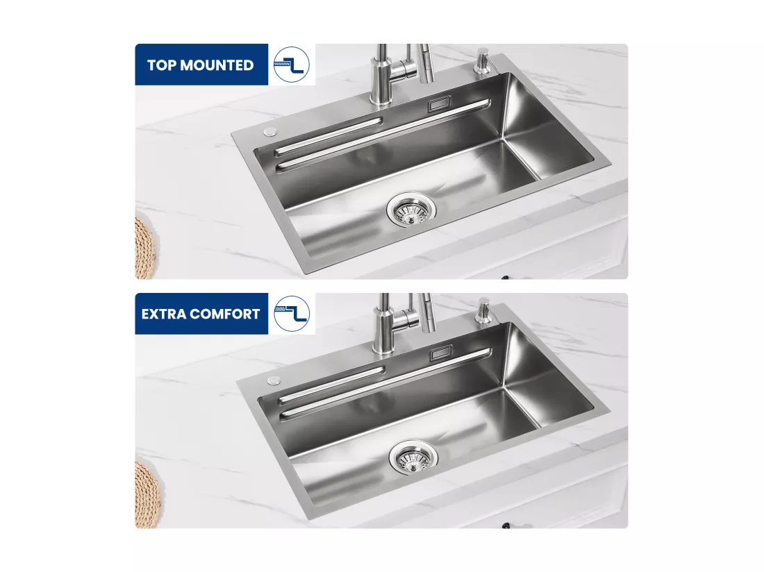 Cecipa max Argent Évier Inox 70×45×CM avec Egouttoir, Vasque et Distributeur de Savon + Mitigeur Cuisine à Ressort Brossé avec Douchette Extractible